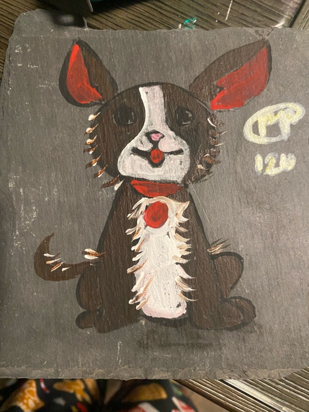 Vintage Hand-Painted Dog Slate Art - Brown & White with Red Accents